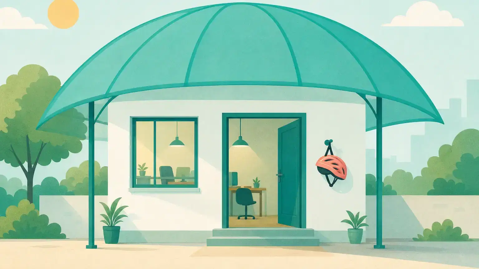A small office doorway under a broad teal canopy, with a coral bicycle helmet hanging just outside.