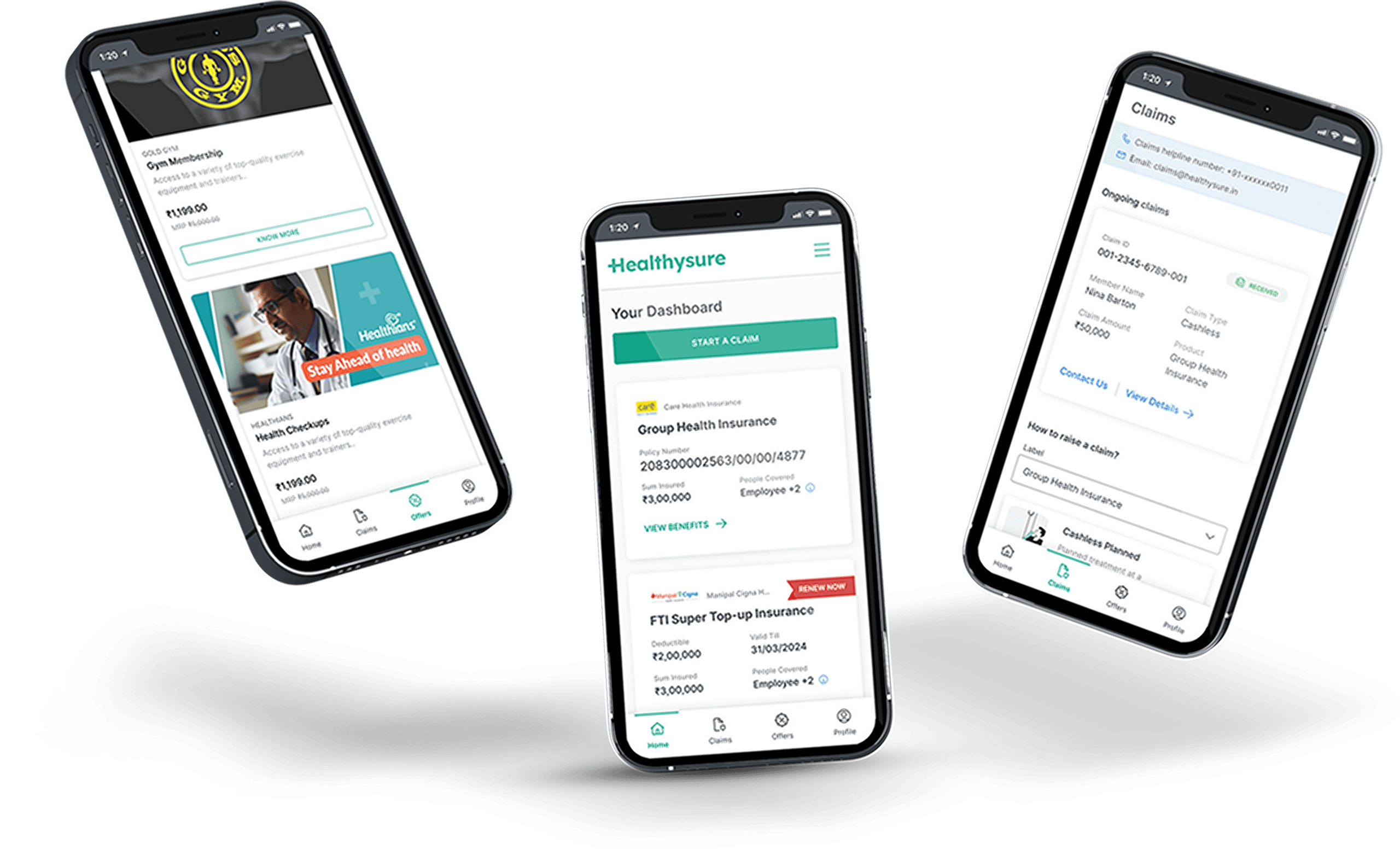 Healthysure mobile app screens showing policy details, benefits and claim tracking